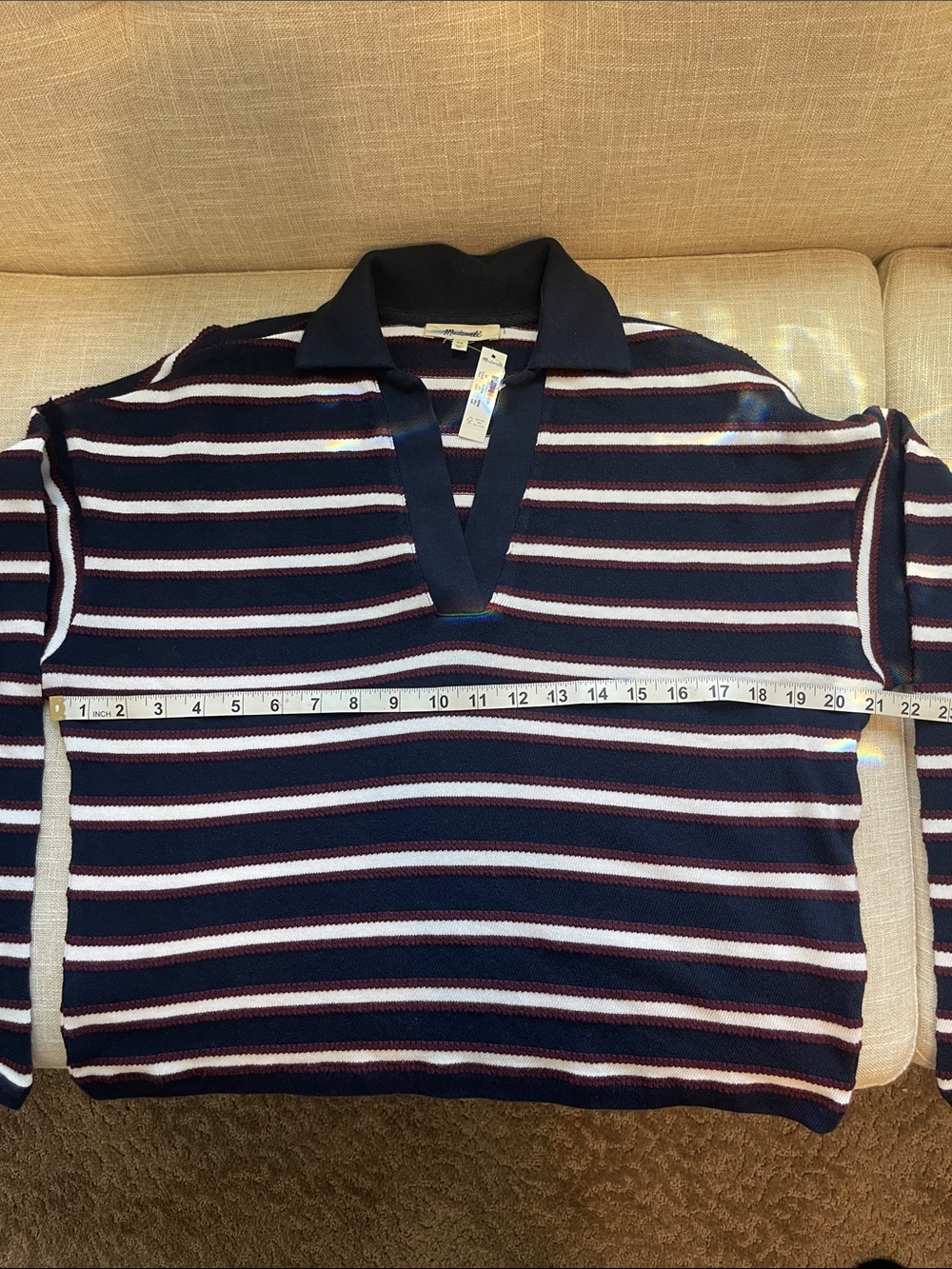 Madewell Navy, White & Burgundy Striped Polo-Style Long Sleeve Top - Picture 5 of 8